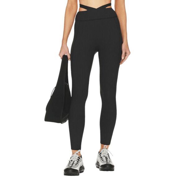 New Gigi C Phoebe Rib Knit High Waist Cutout Tied Leggings M Black - Picture 5 of 7